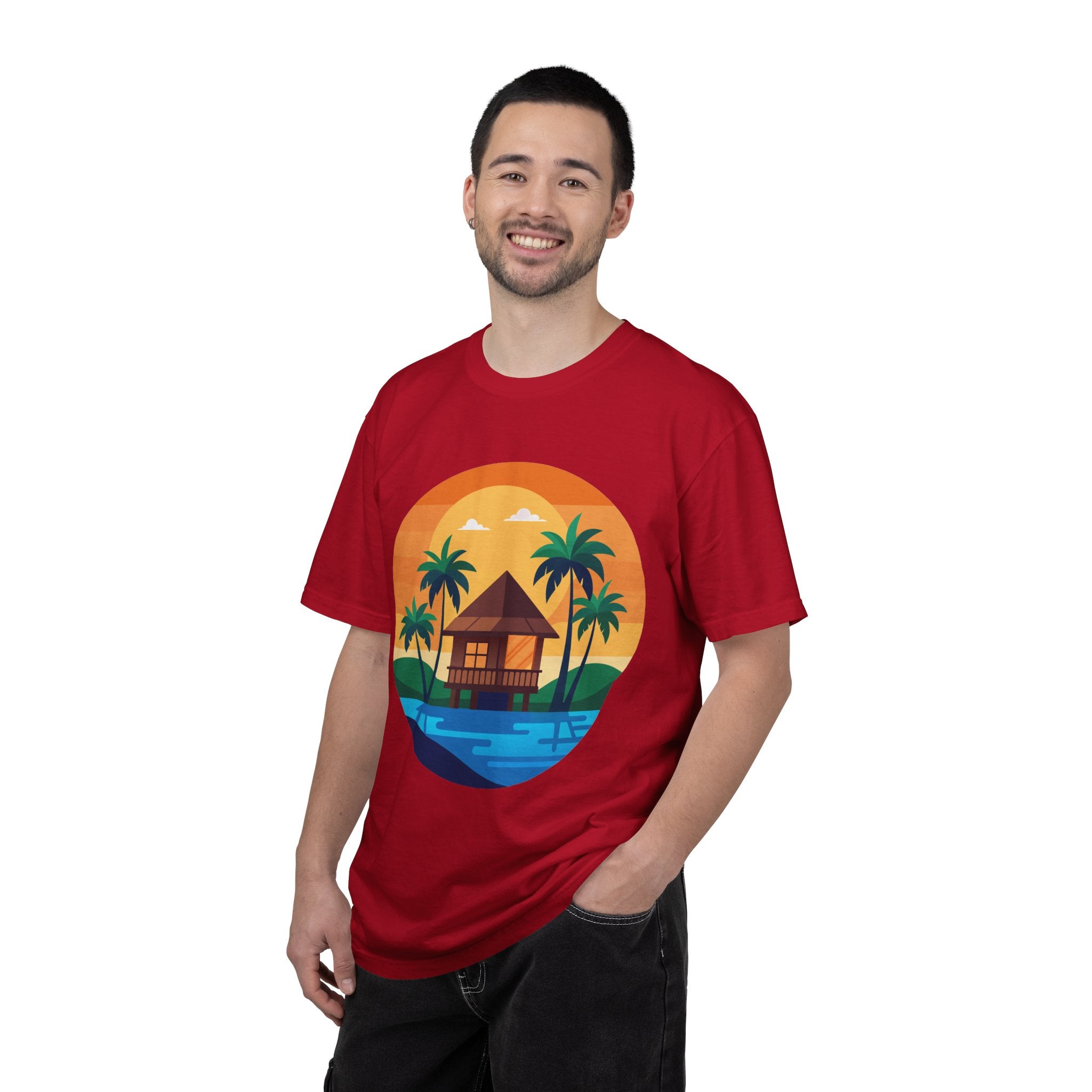 Tropical Beach Hut T-shirt | Sunset Palm Island Circle Design