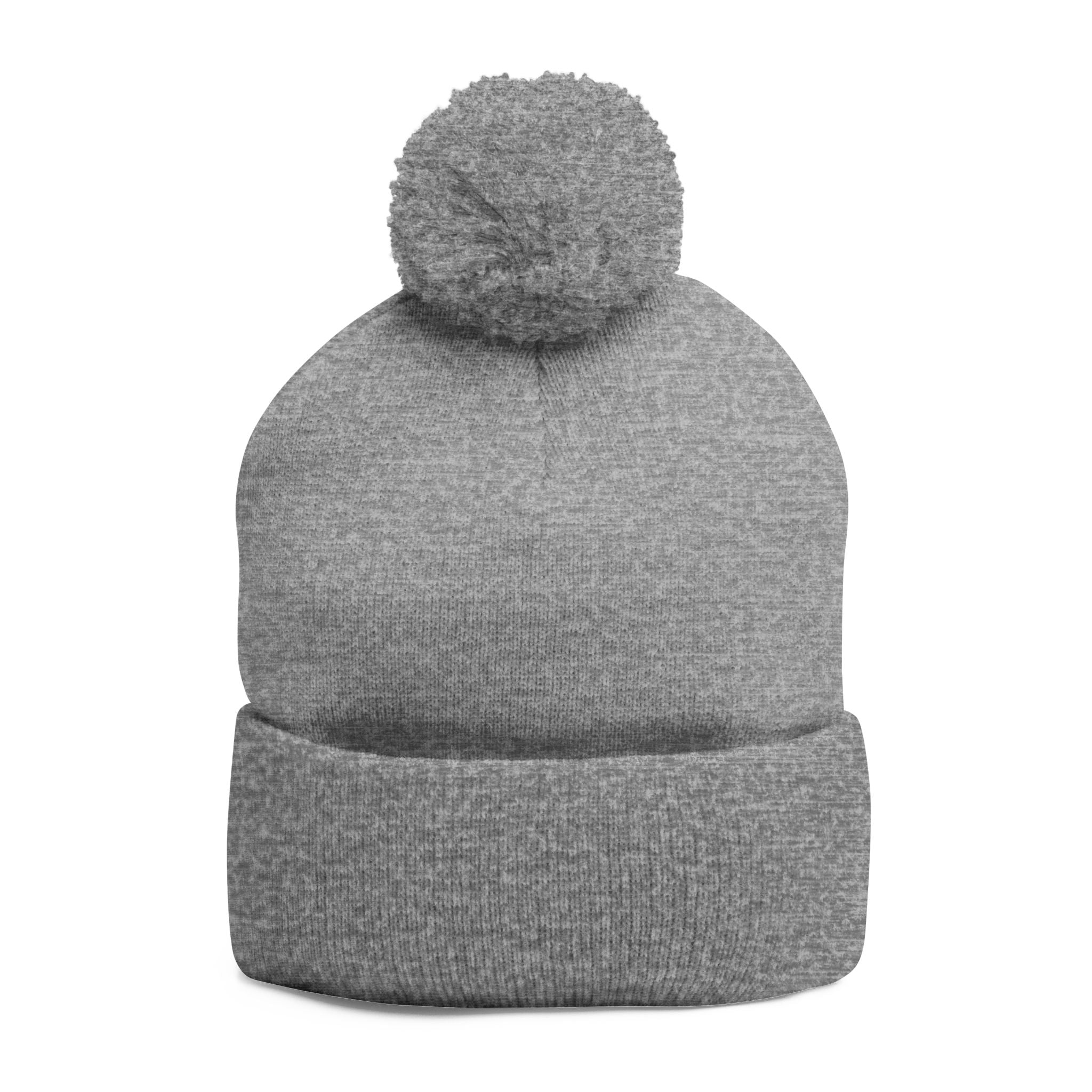 Embroidered Pom-Pom Knit Beanie — Grey Winter Hat with Pink NY Logo