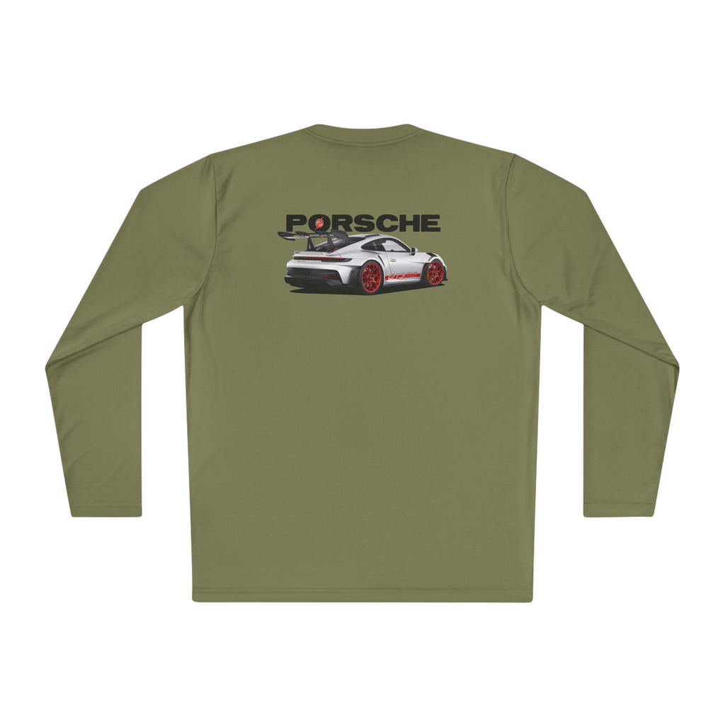 Porsche Racing Graphic Long Sleeve Tee Sports Car Crest and Rear View Print