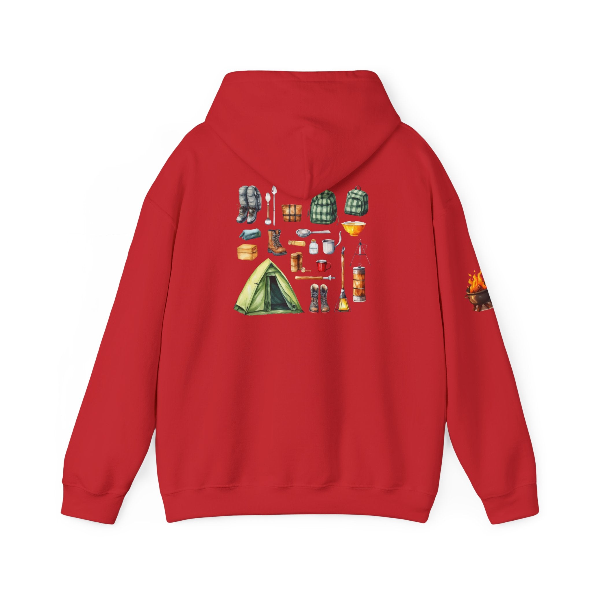 Camping Gear Hoodie  Tent, Boots, Lantern, Campfire Illustration