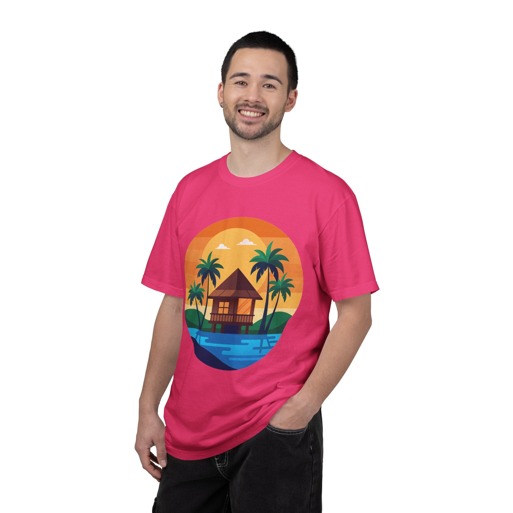 Tropical Beach Hut T-shirt | Sunset Palm Island Circle Design