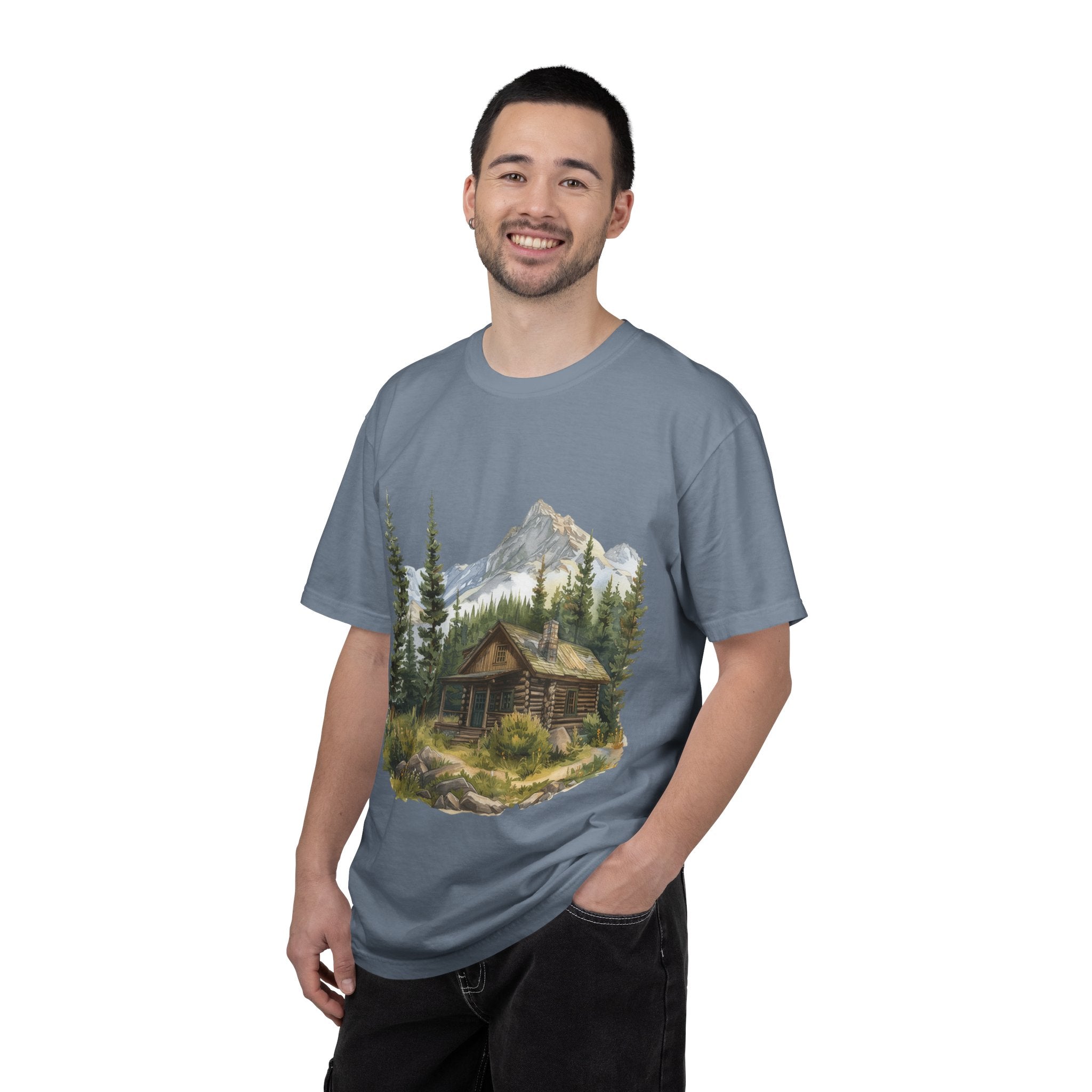 Mountain Log Cabin Illustration T-Shirt | Rustic Nature Scene