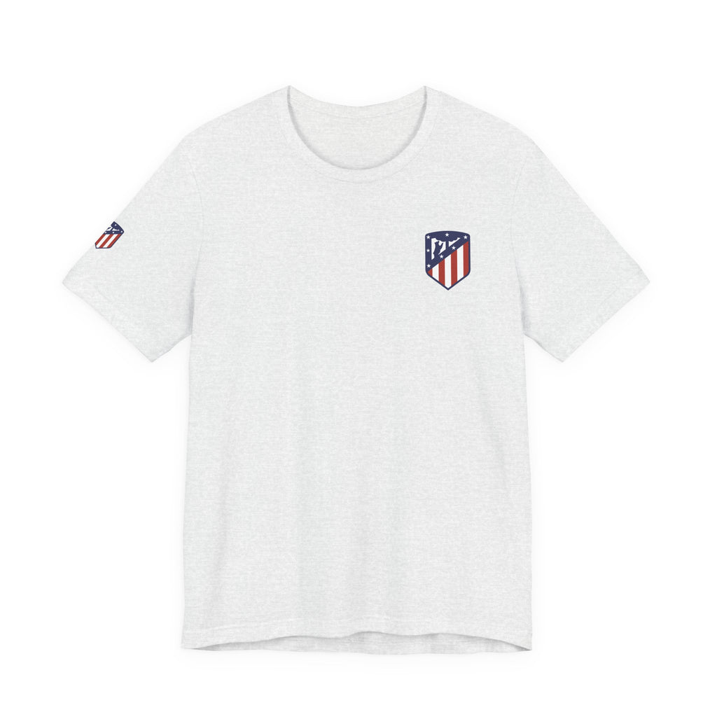 Atletico Madrid Shield T-Shirt Front Chest & Sleeve Logo Soccer Tee