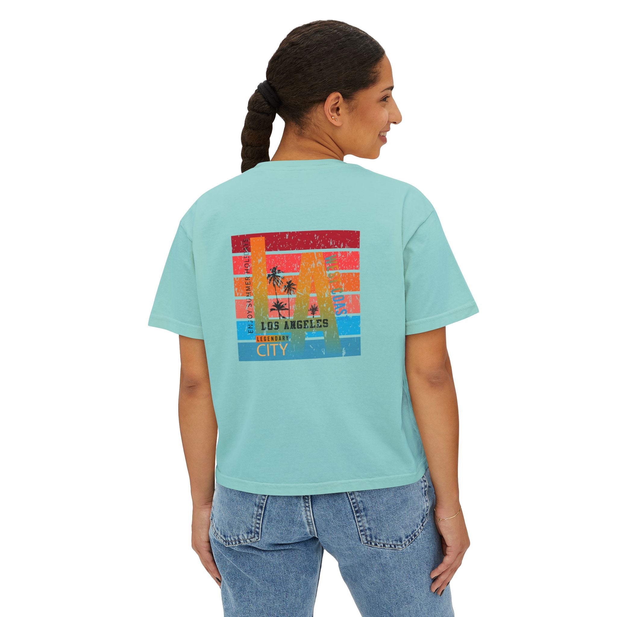 Los Angeles Sunset Women's Boxy Tee  Retro Palm Tree City Graphic