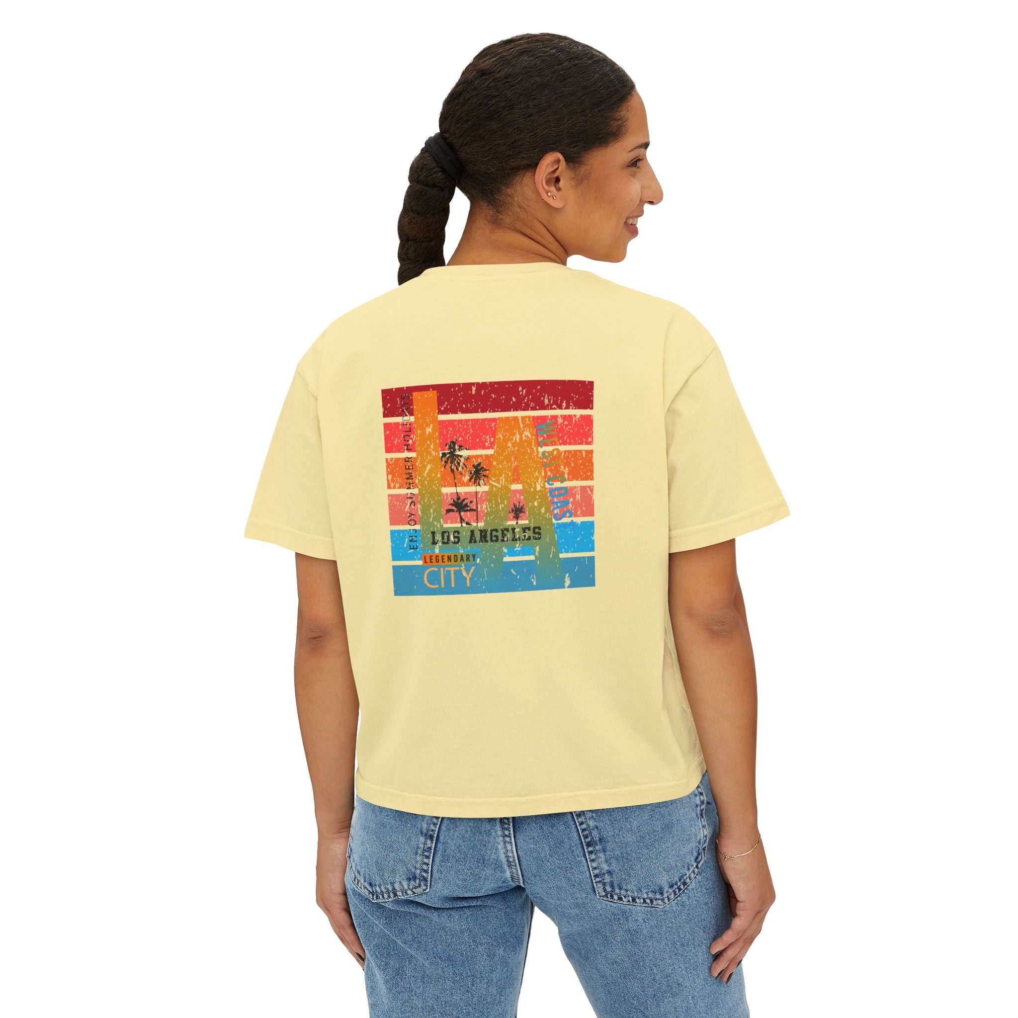 Los Angeles Sunset Women's Boxy Tee  Retro Palm Tree City Graphic