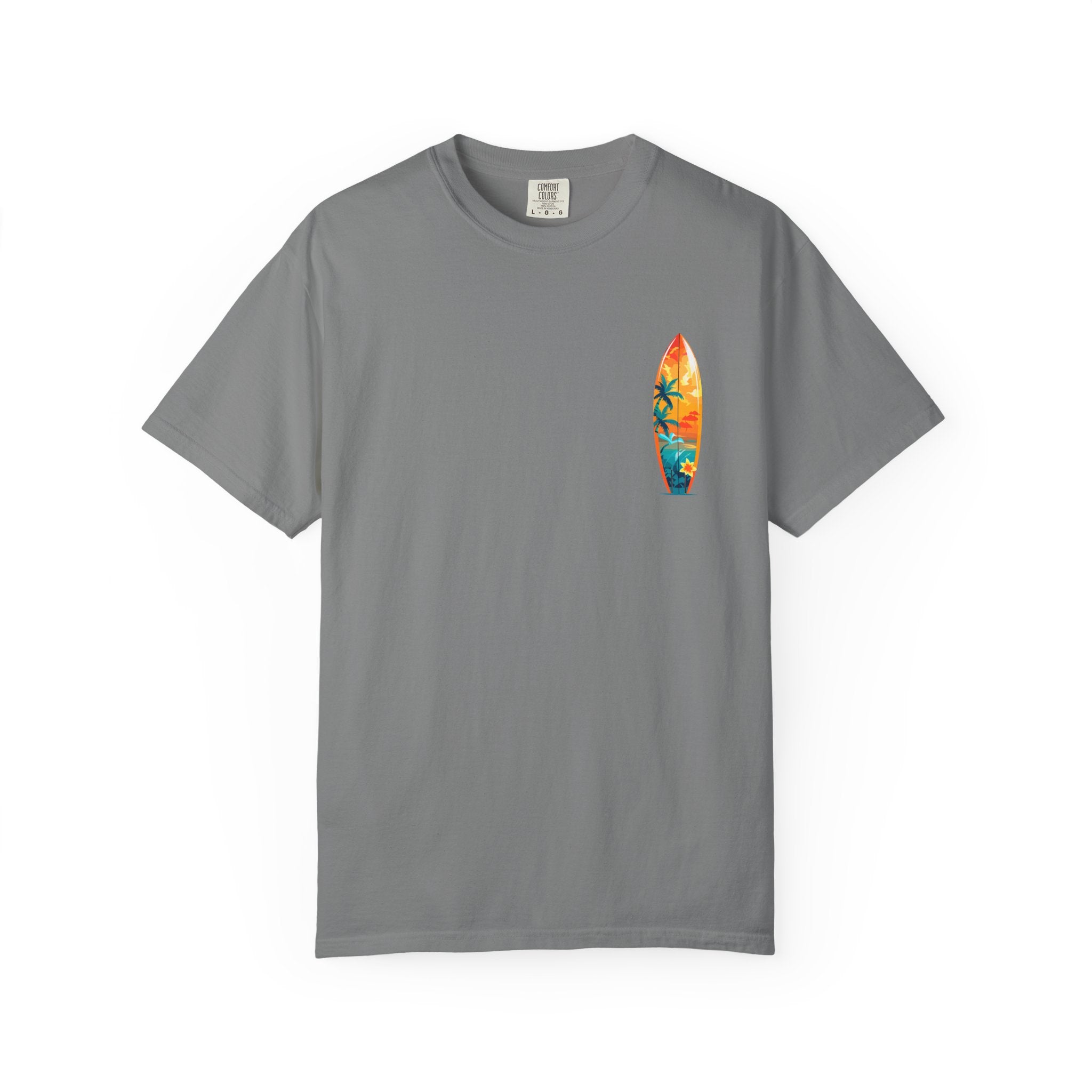 Surfing Tropical Board T-Shirt Beach Vibes Tee with Colorful Surfboard Design