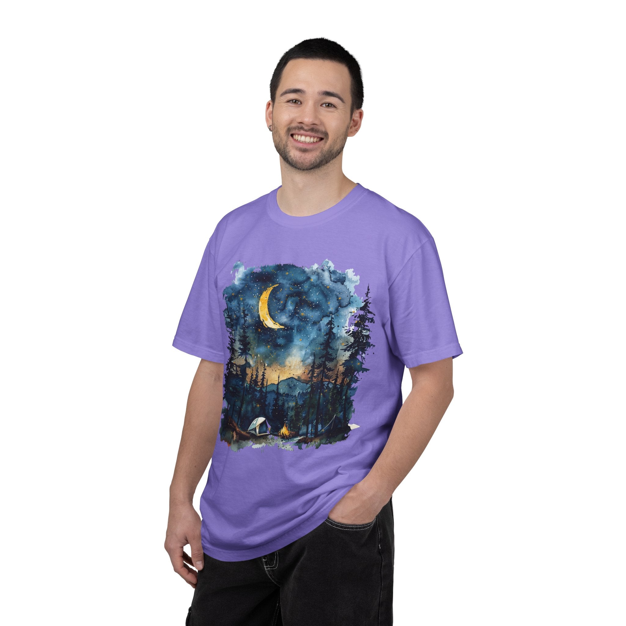 Moonlit Campsite T-shirt | Forest Night Sky, Crescent Moon