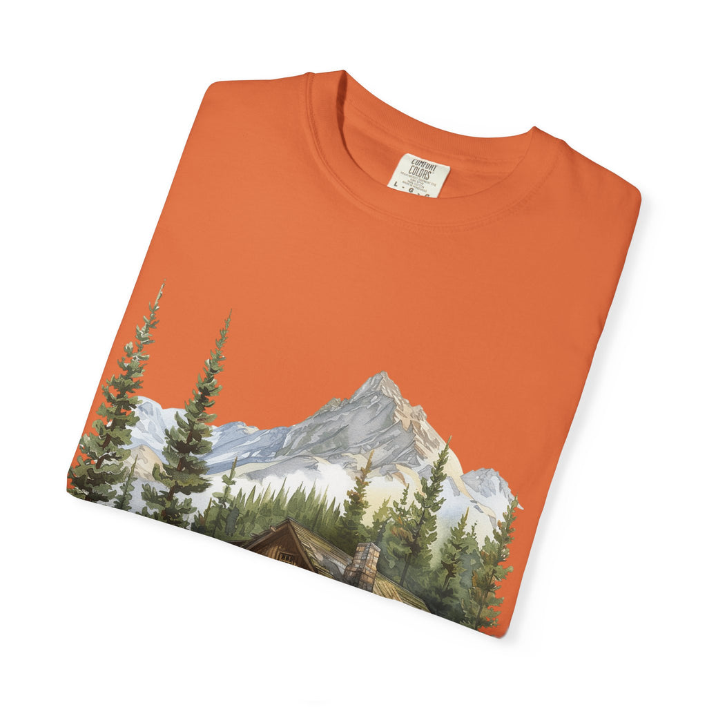 Mountain Log Cabin Illustration T-Shirt | Rustic Nature Scene