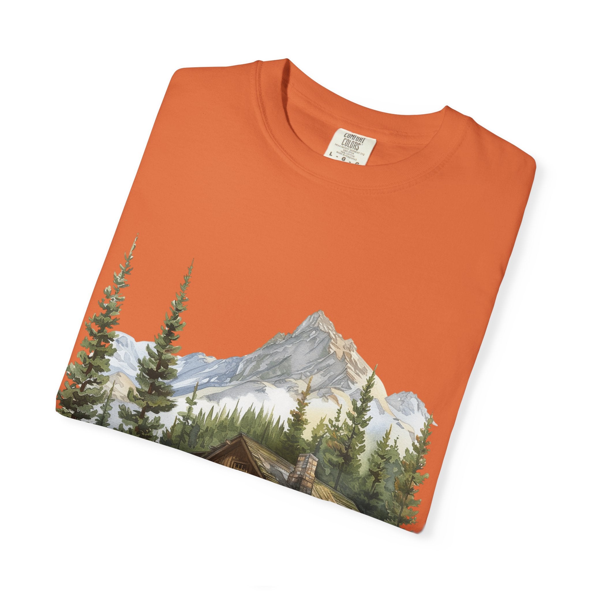 Mountain Log Cabin Illustration T-Shirt | Rustic Nature Scene