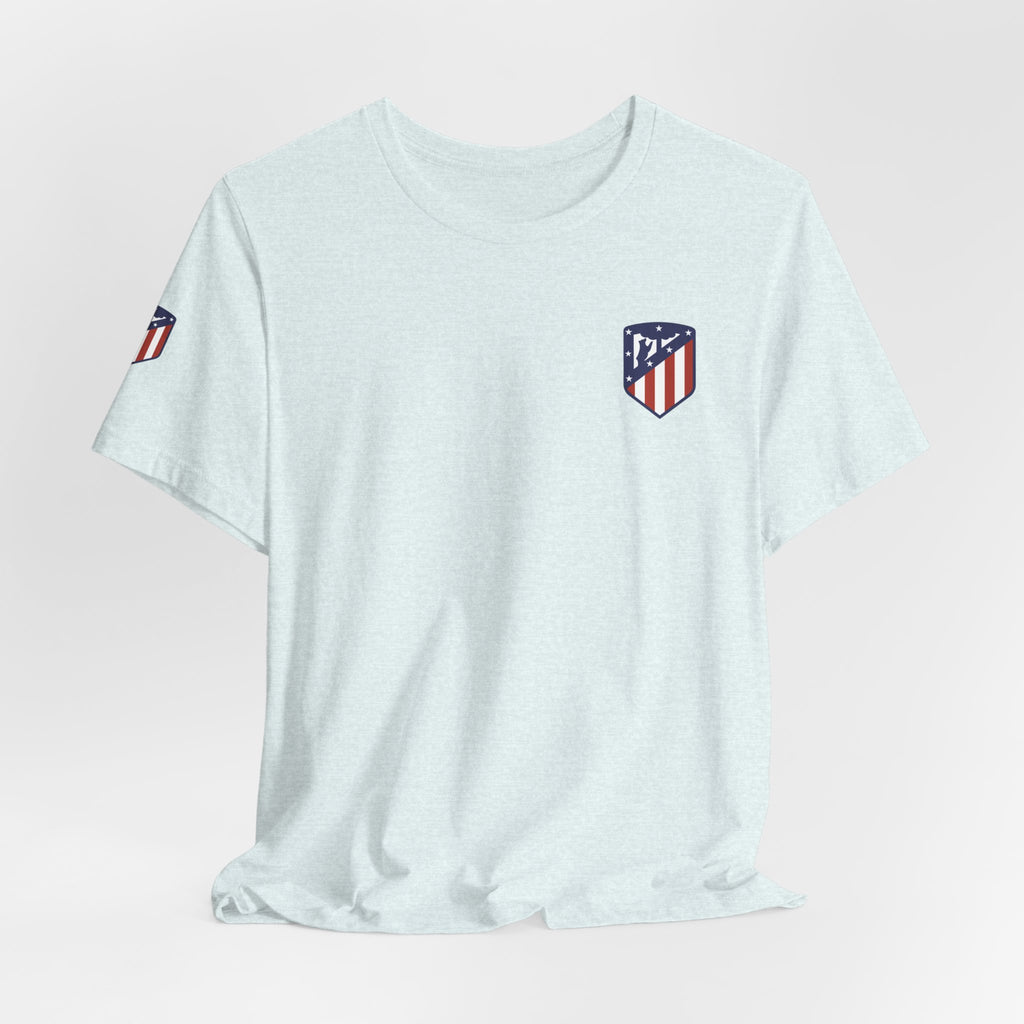 Atletico Madrid Shield T-Shirt Front Chest & Sleeve Logo Soccer Tee