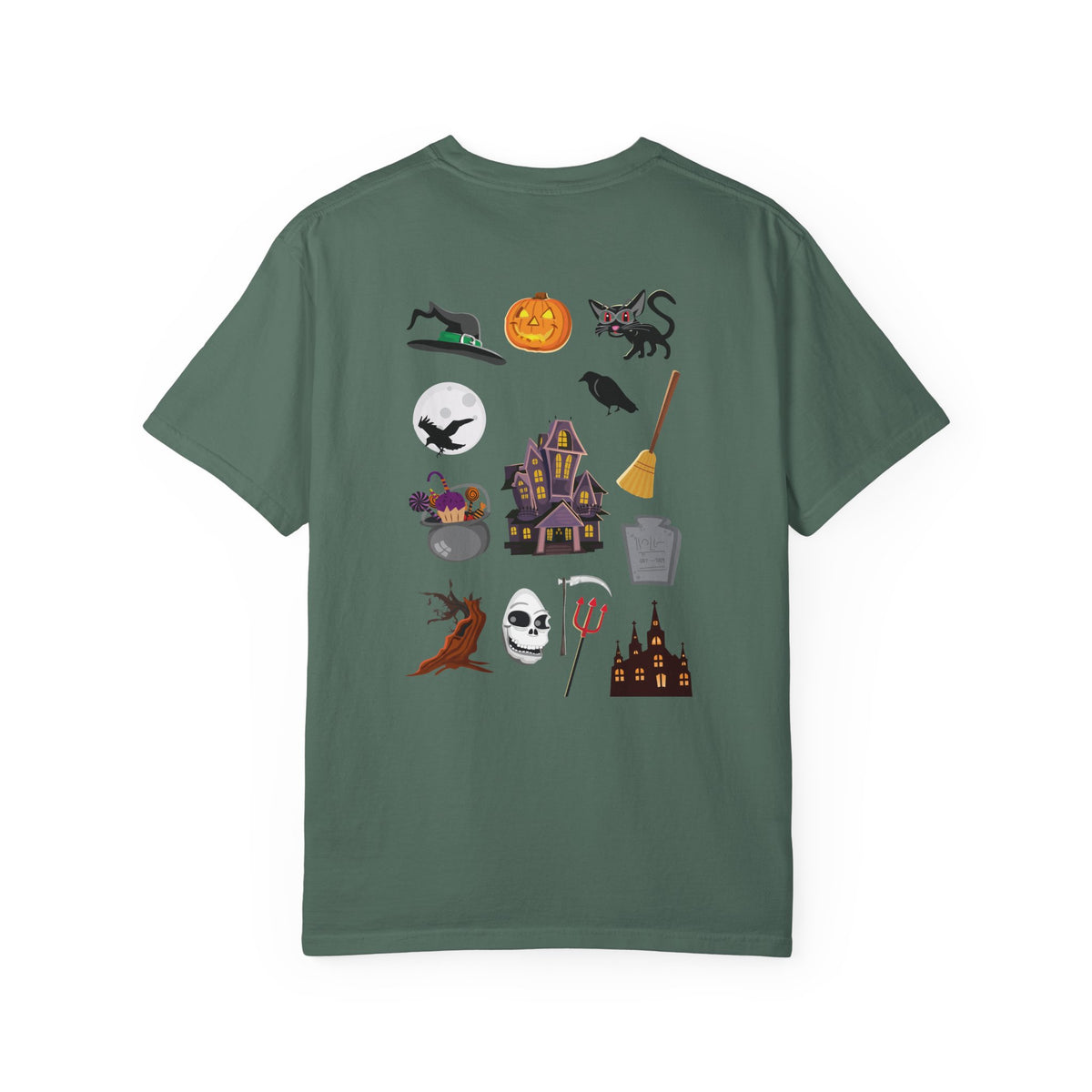 Halloween Icons T-Shirt — "Happy Halloween" Graphic Tee with Spooky Back Illustrations