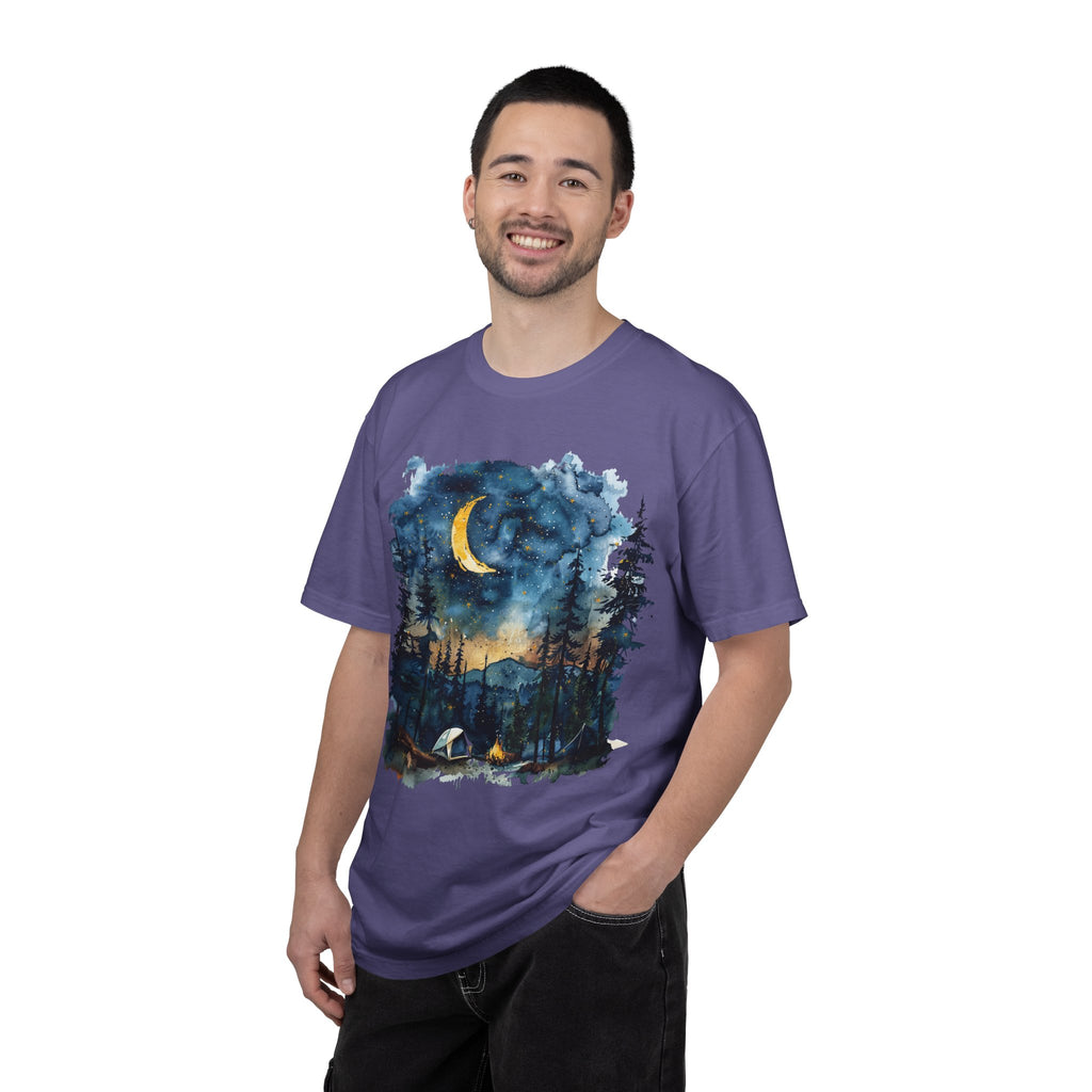 Moonlit Campsite T-shirt | Forest Night Sky, Crescent Moon