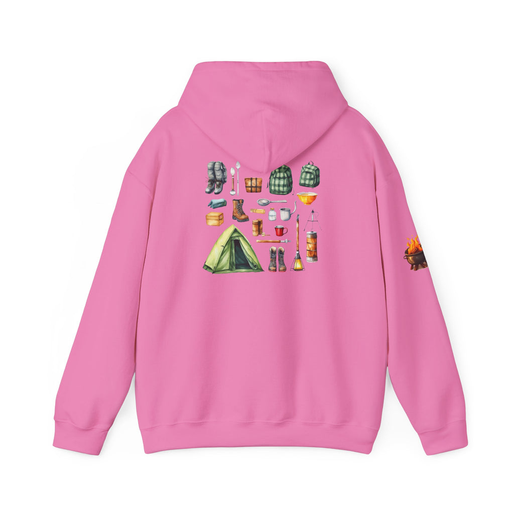 Camping Gear Hoodie  Tent, Boots, Lantern, Campfire Illustration