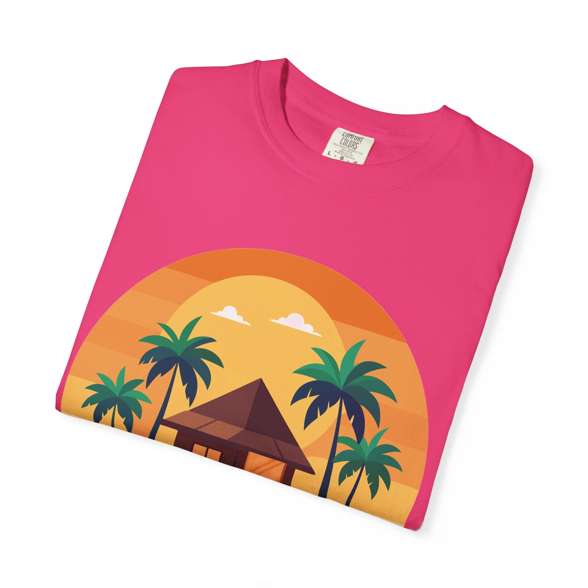 Tropical Beach Hut T-shirt | Sunset Palm Island Circle Design