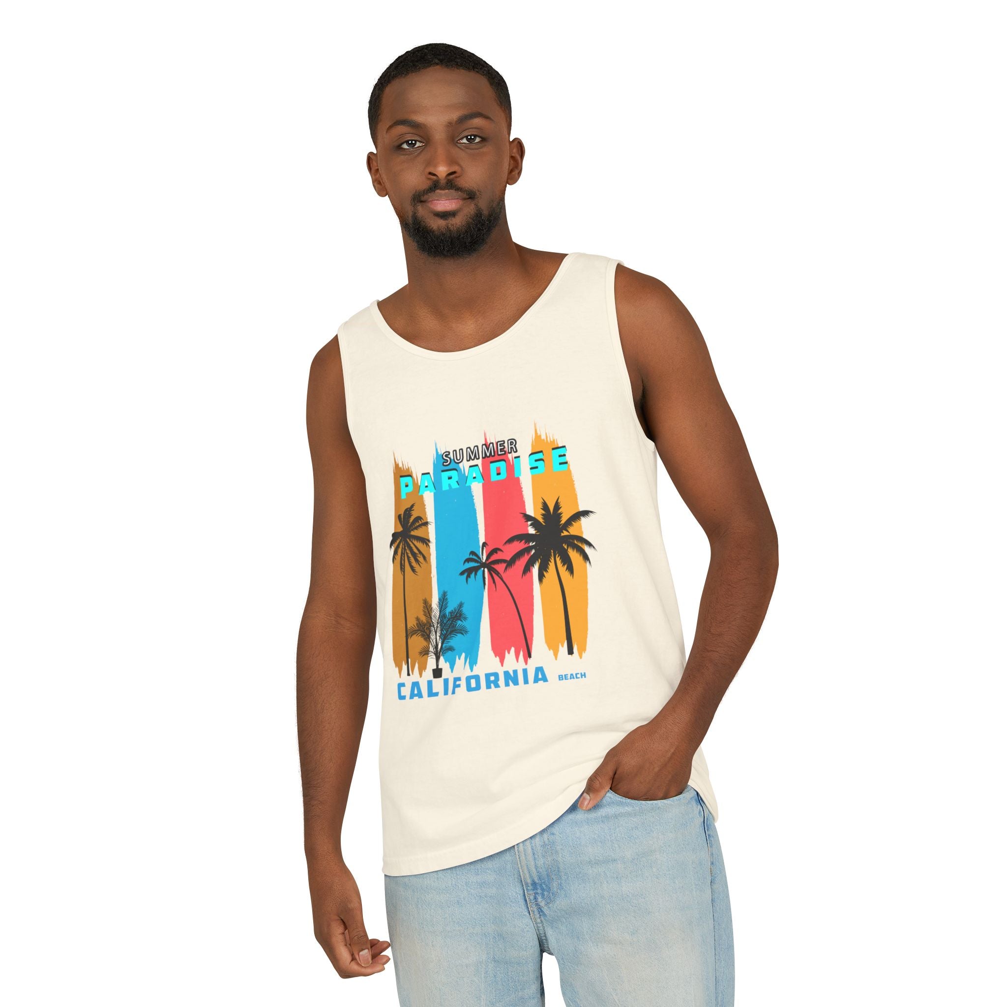 California Paradise Palm Tank Top Retro Beach Sunset Graphic