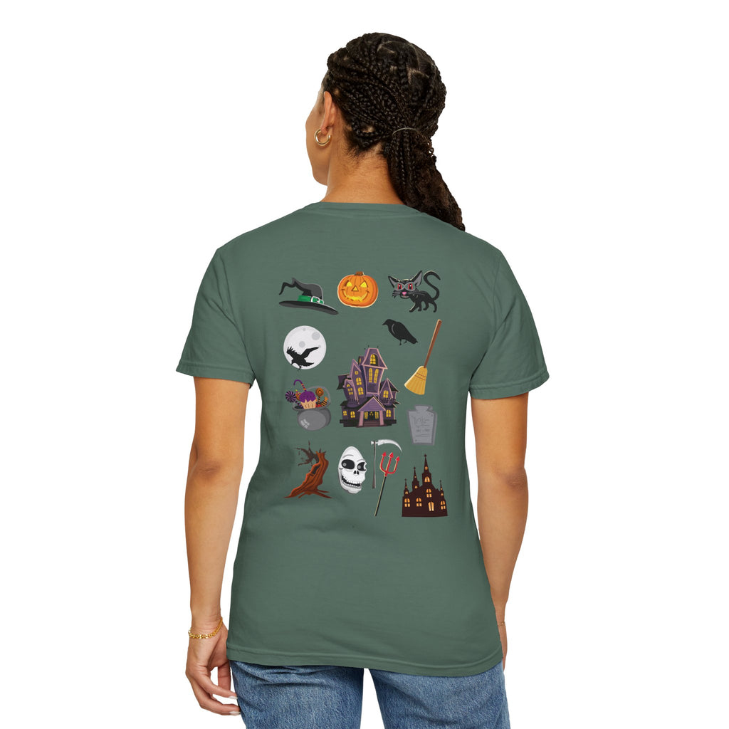 Halloween Icons T-Shirt — "Happy Halloween" Graphic Tee with Spooky Back Illustrations