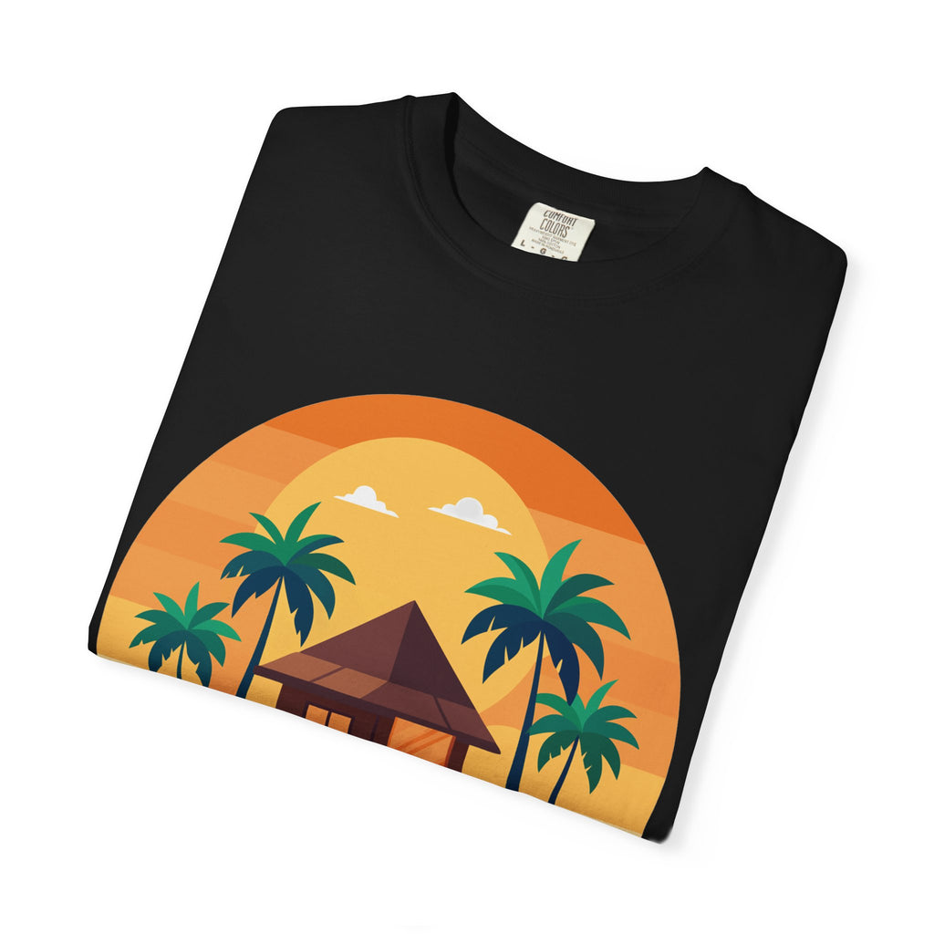 Tropical Beach Hut T-shirt | Sunset Palm Island Circle Design