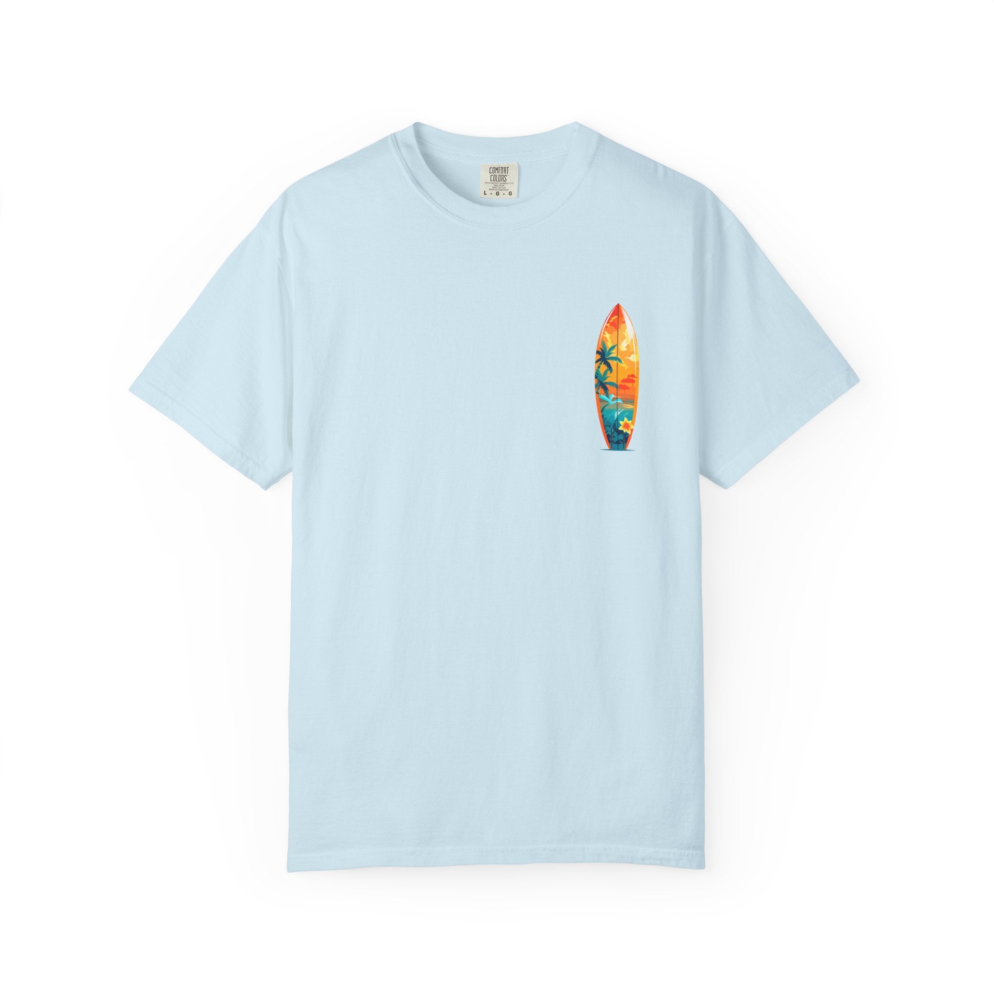 Surfing Tropical Board T-Shirt Beach Vibes Tee with Colorful Surfboard Design