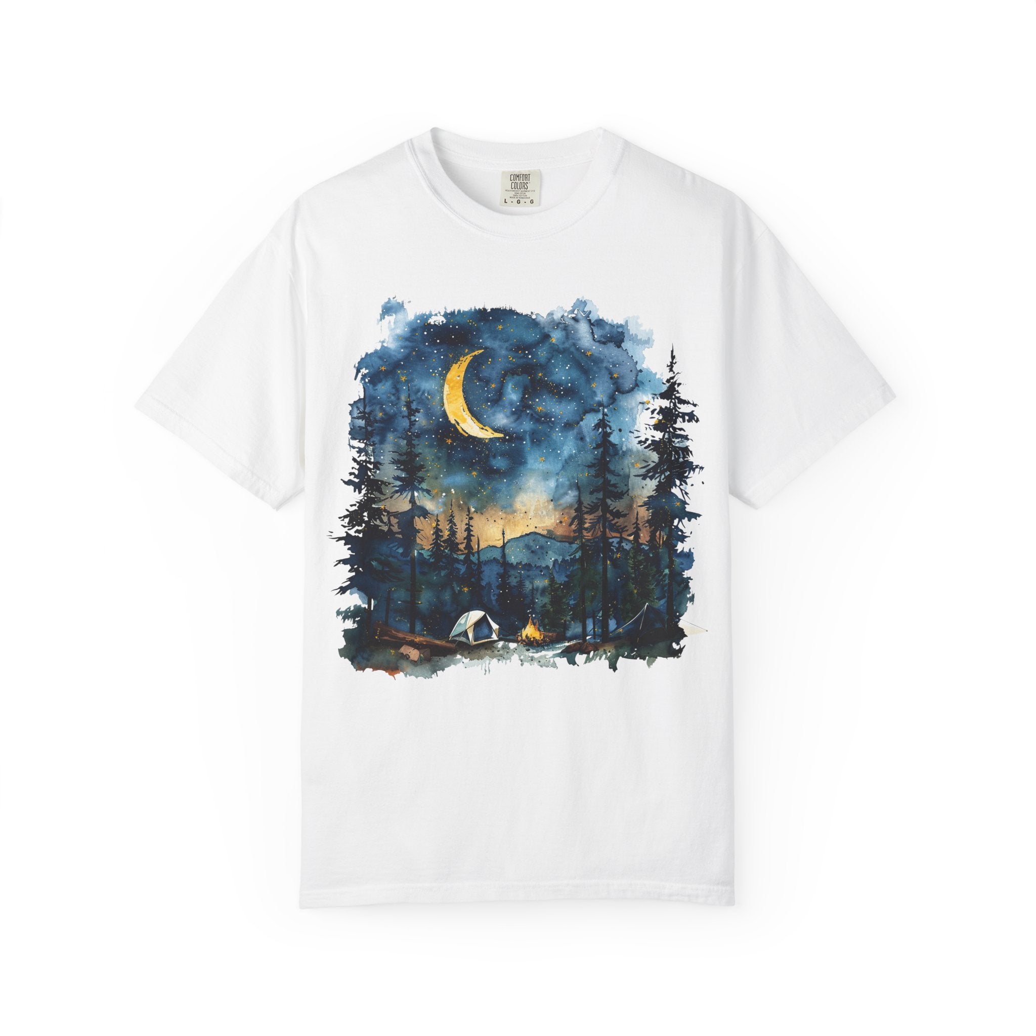 Moonlit Campsite T-shirt | Forest Night Sky, Crescent Moon