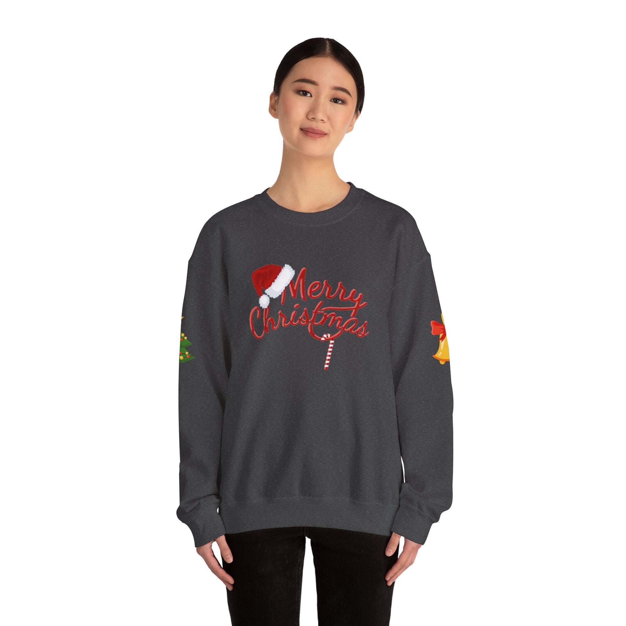 Merry Christmas script candy cane Sweatshirt | Christmas tree sleeve design
