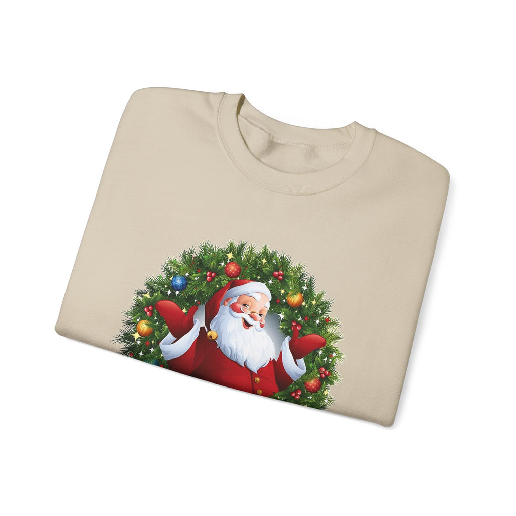 Santa in Wreath Crewneck Sweatshirt Christmas Tree Sleeve Accents
