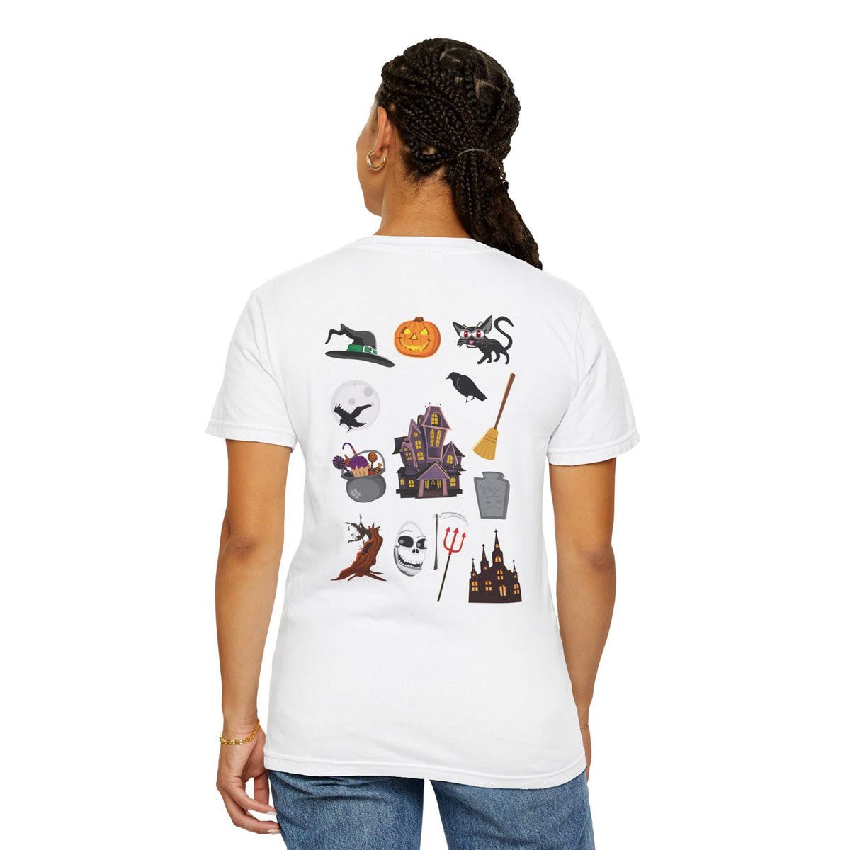 Halloween Icons T-Shirt — "Happy Halloween" Graphic Tee with Spooky Back Illustrations
