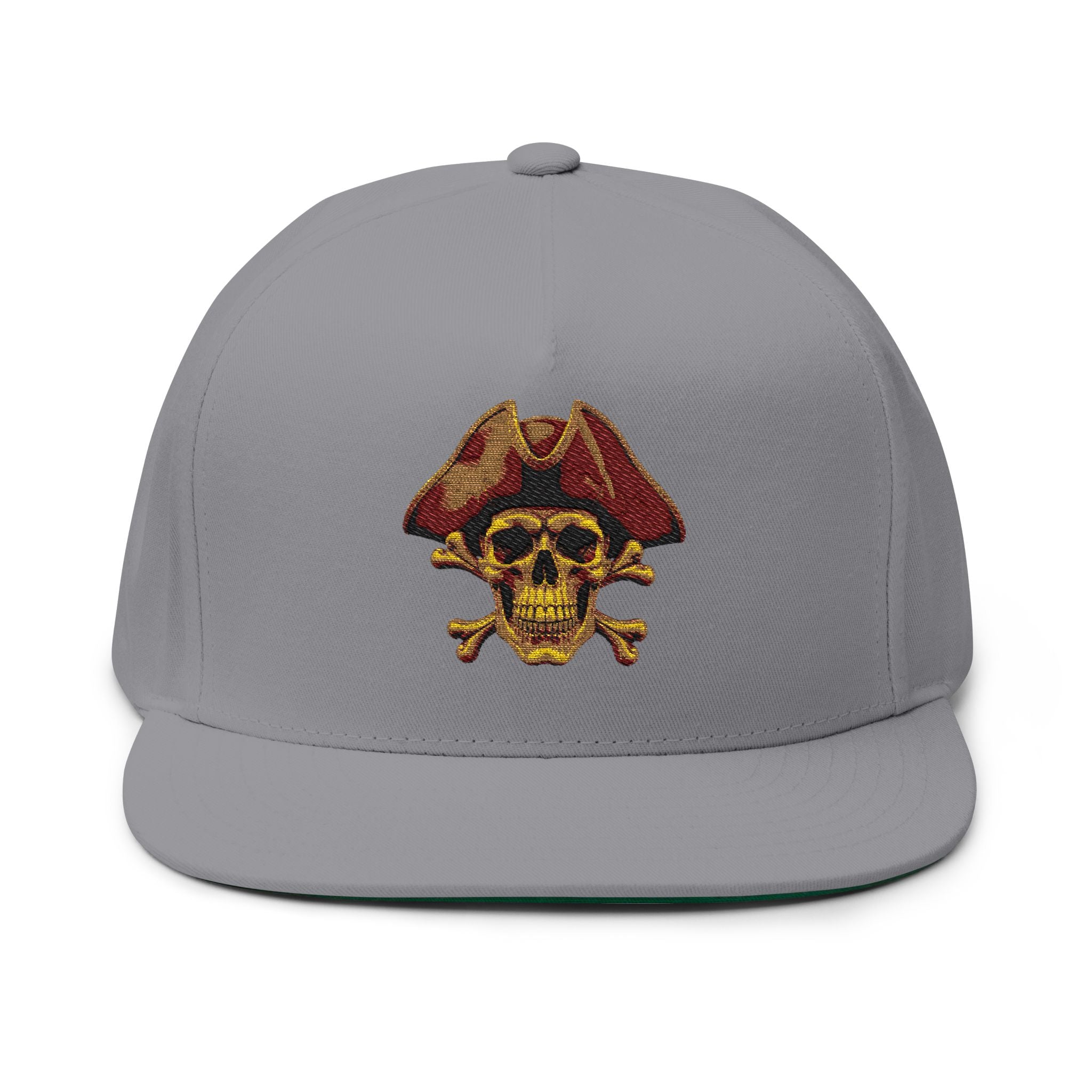 Embroidered Pirate Skull Flat Bill Cap  Gold Skull & Tricorn Hat Snapback