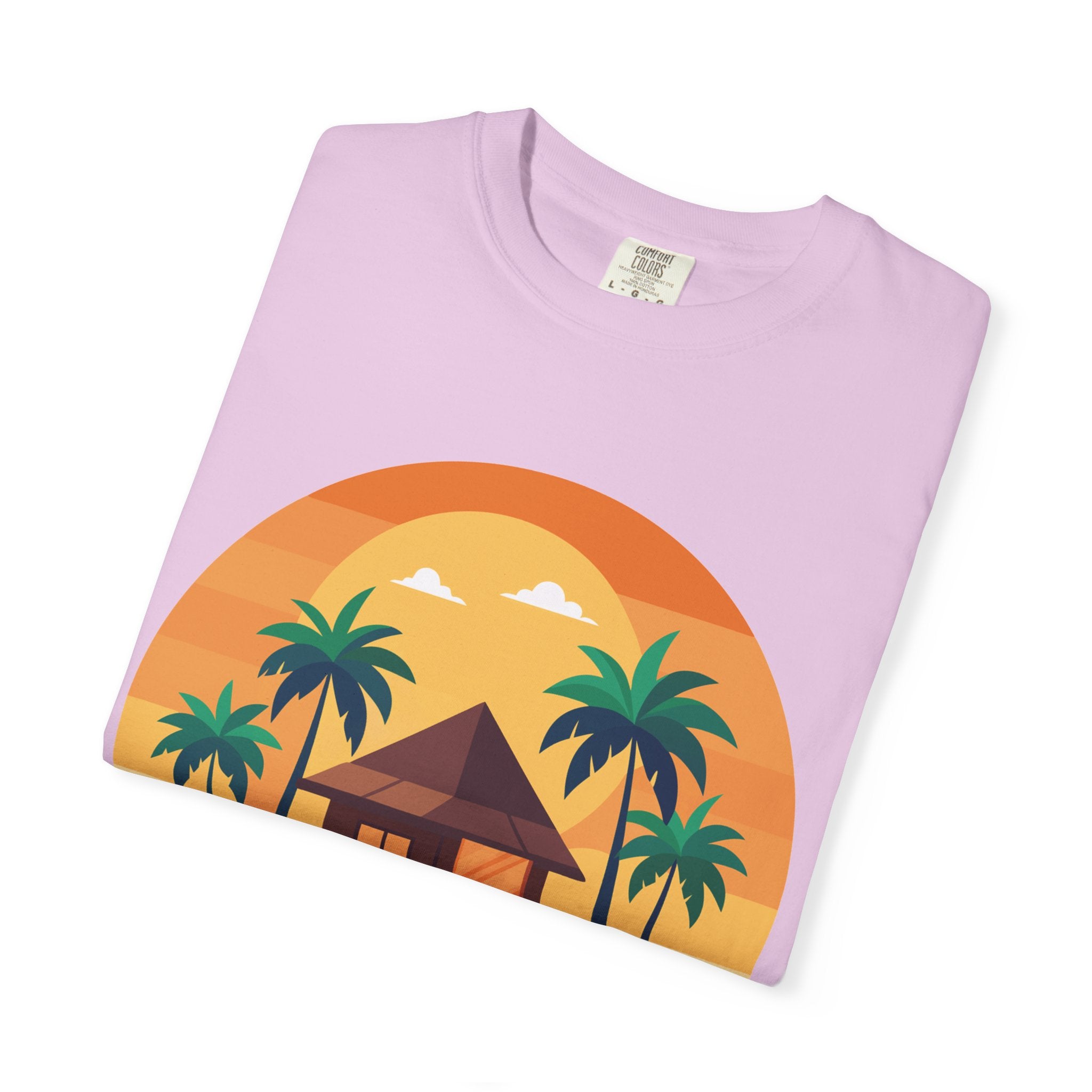 Tropical Beach Hut T-shirt | Sunset Palm Island Circle Design