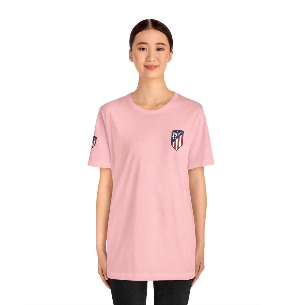 Atletico Madrid Shield T-Shirt Front Chest & Sleeve Logo Soccer Tee