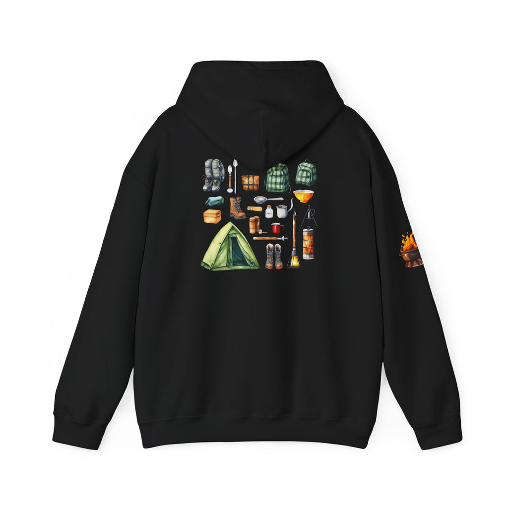 Camping Gear Hoodie  Tent, Boots, Lantern, Campfire Illustration