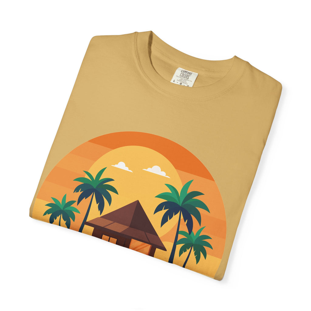 Tropical Beach Hut T-shirt | Sunset Palm Island Circle Design