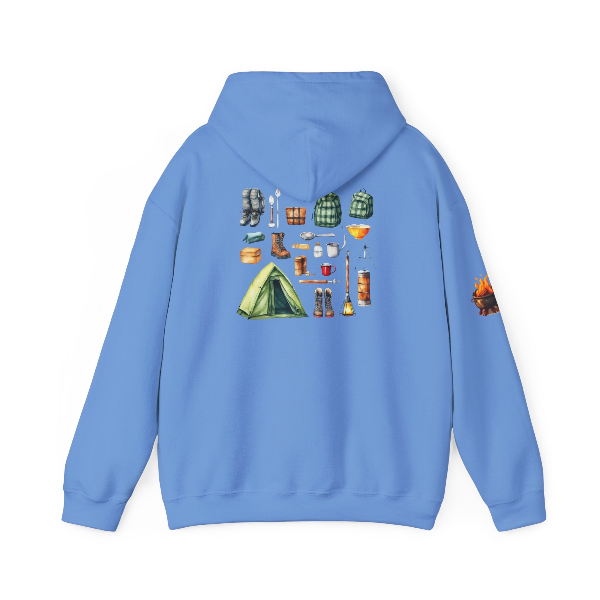 Camping Gear Hoodie  Tent, Boots, Lantern, Campfire Illustration