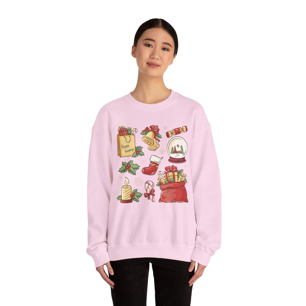 Christmas Icons collage Sweatshirt | holiday presents bell stocking snow globe