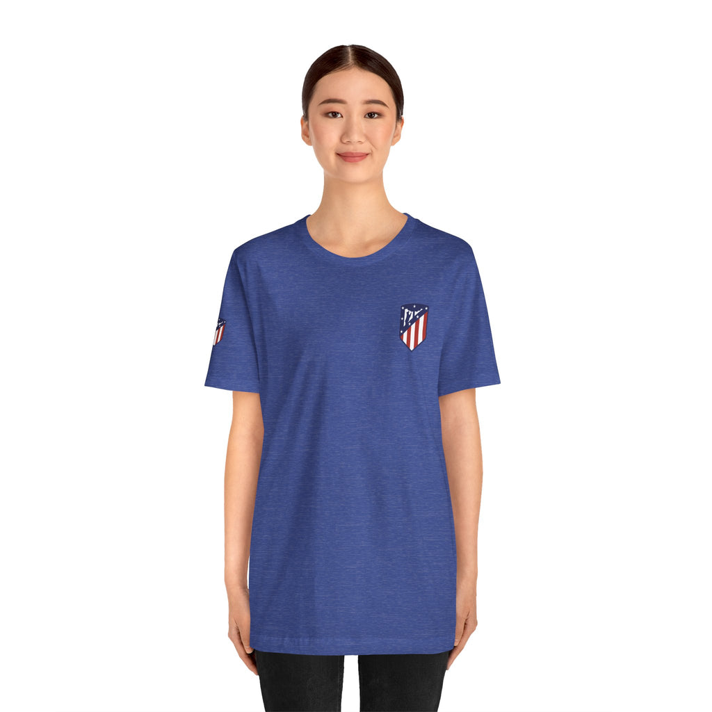 Atletico Madrid Shield T-Shirt Front Chest & Sleeve Logo Soccer Tee