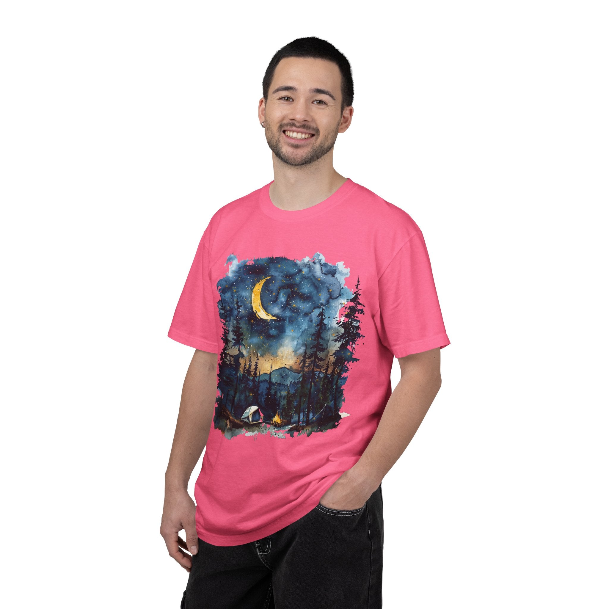 Moonlit Campsite T-shirt | Forest Night Sky, Crescent Moon