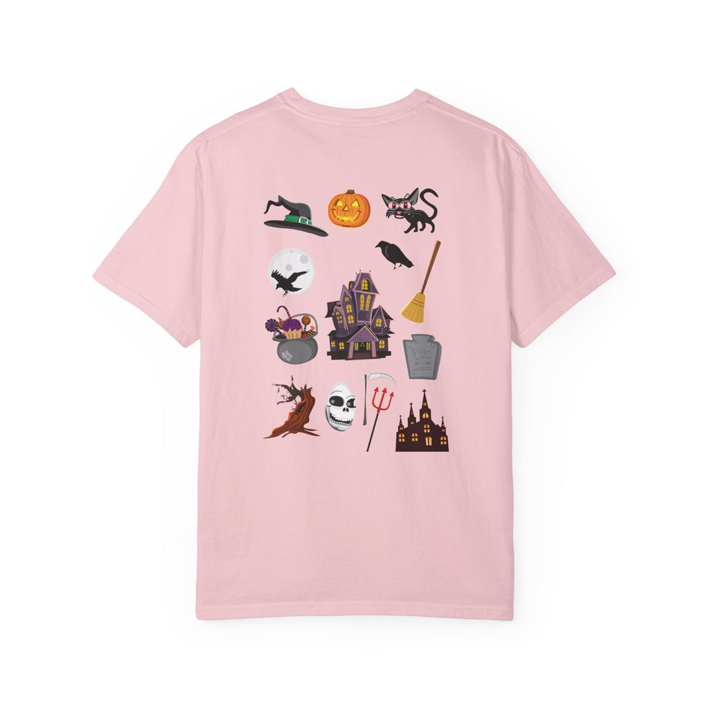 Halloween Icons T-Shirt — "Happy Halloween" Graphic Tee with Spooky Back Illustrations