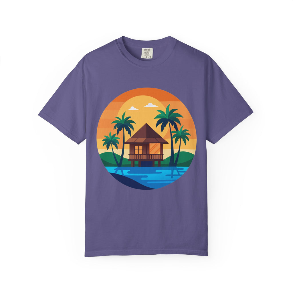 Tropical Beach Hut T-shirt | Sunset Palm Island Circle Design
