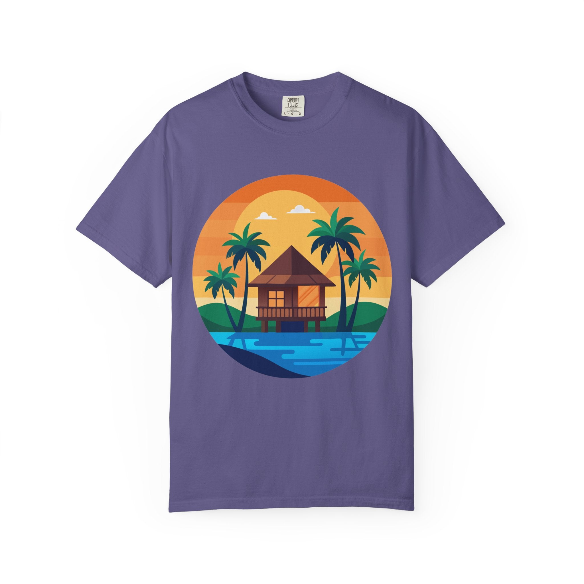 Tropical Beach Hut T-shirt | Sunset Palm Island Circle Design