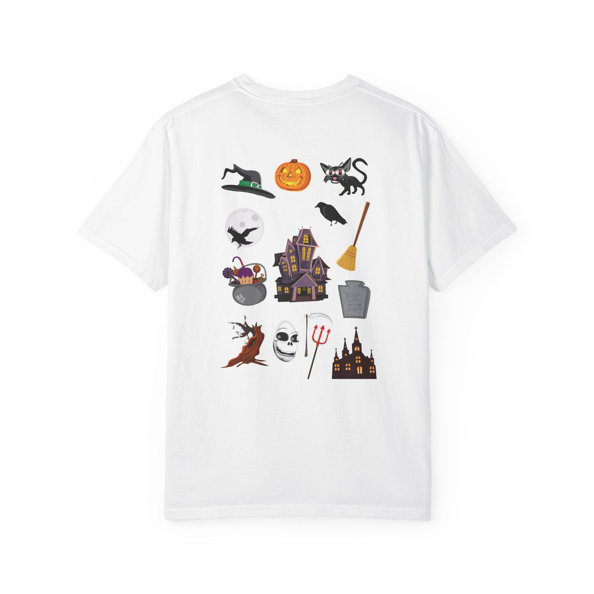 Halloween Icons T-Shirt — "Happy Halloween" Graphic Tee with Spooky Back Illustrations