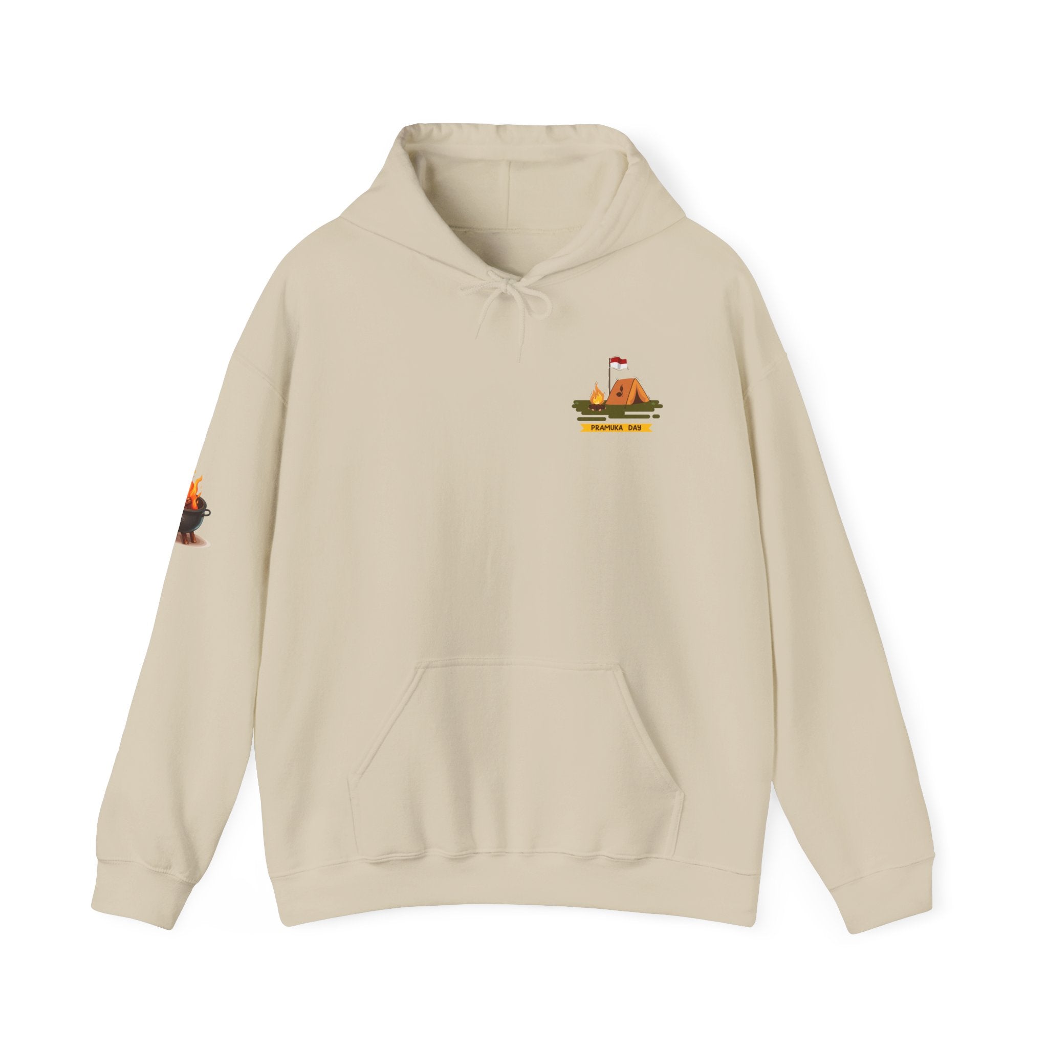 Camping Gear Hoodie  Tent, Boots, Lantern, Campfire Illustration