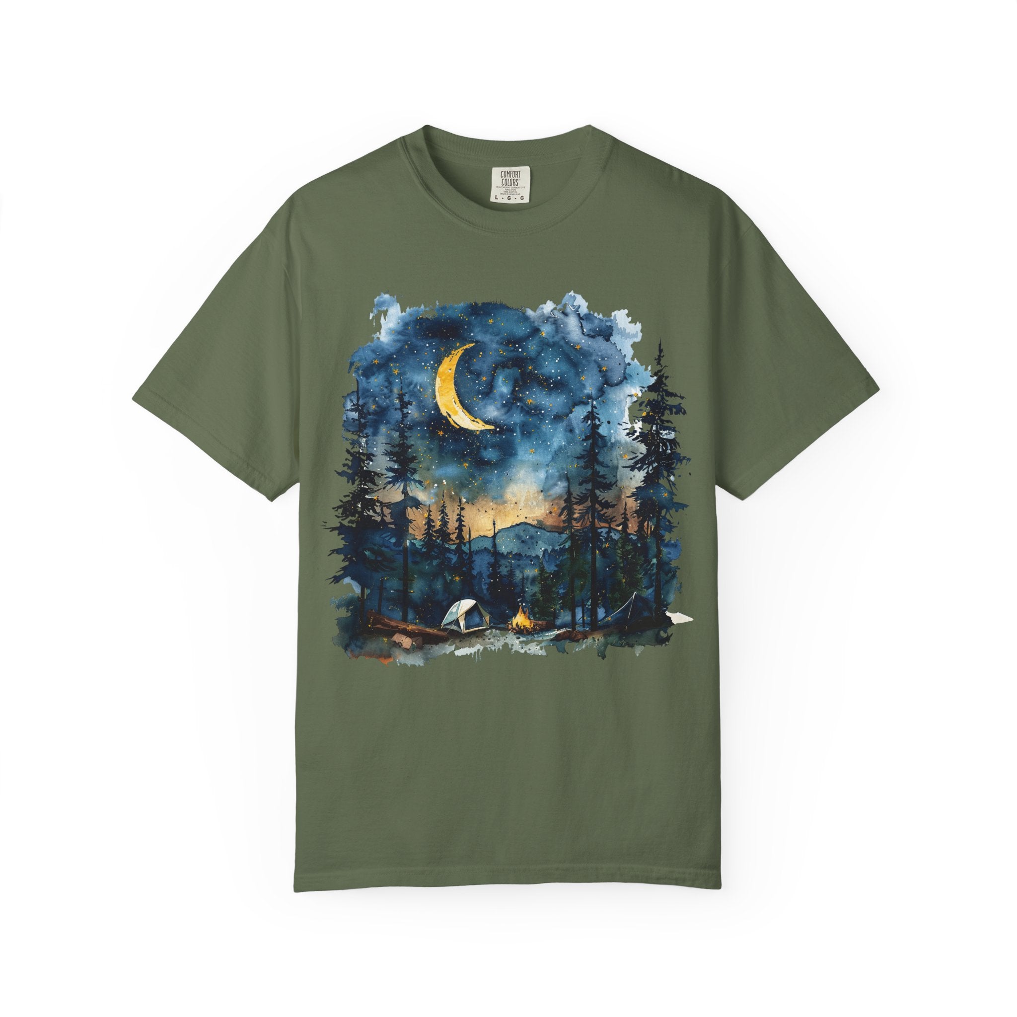 Moonlit Campsite T-shirt | Forest Night Sky, Crescent Moon