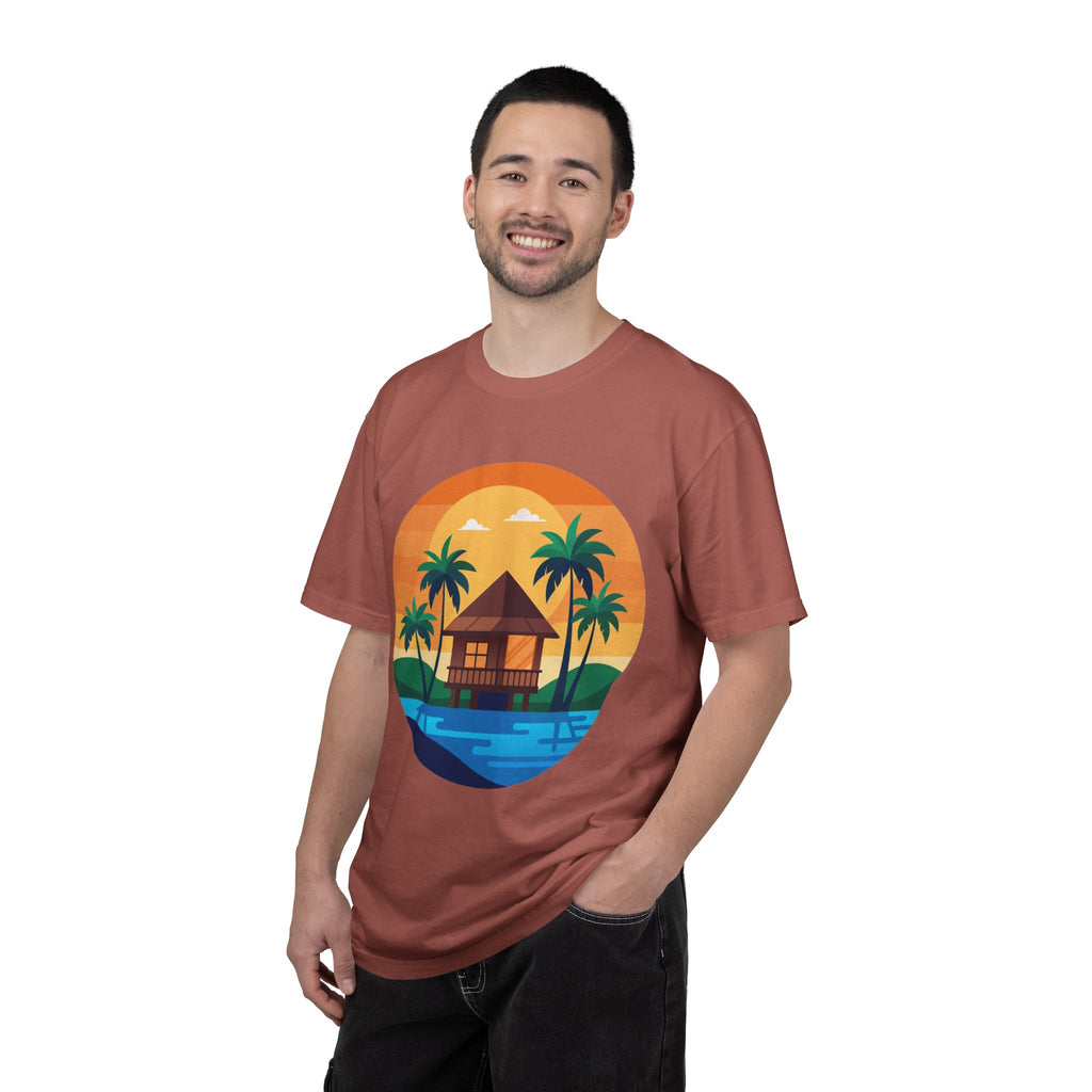 Tropical Beach Hut T-shirt | Sunset Palm Island Circle Design