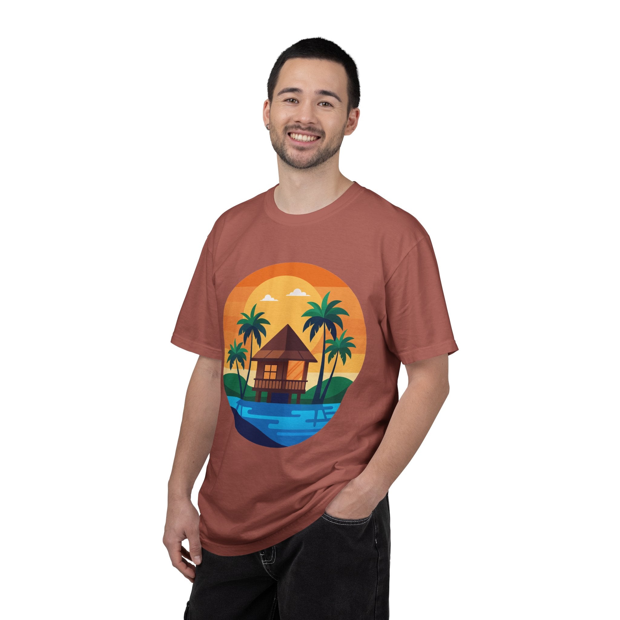Tropical Beach Hut T-shirt | Sunset Palm Island Circle Design