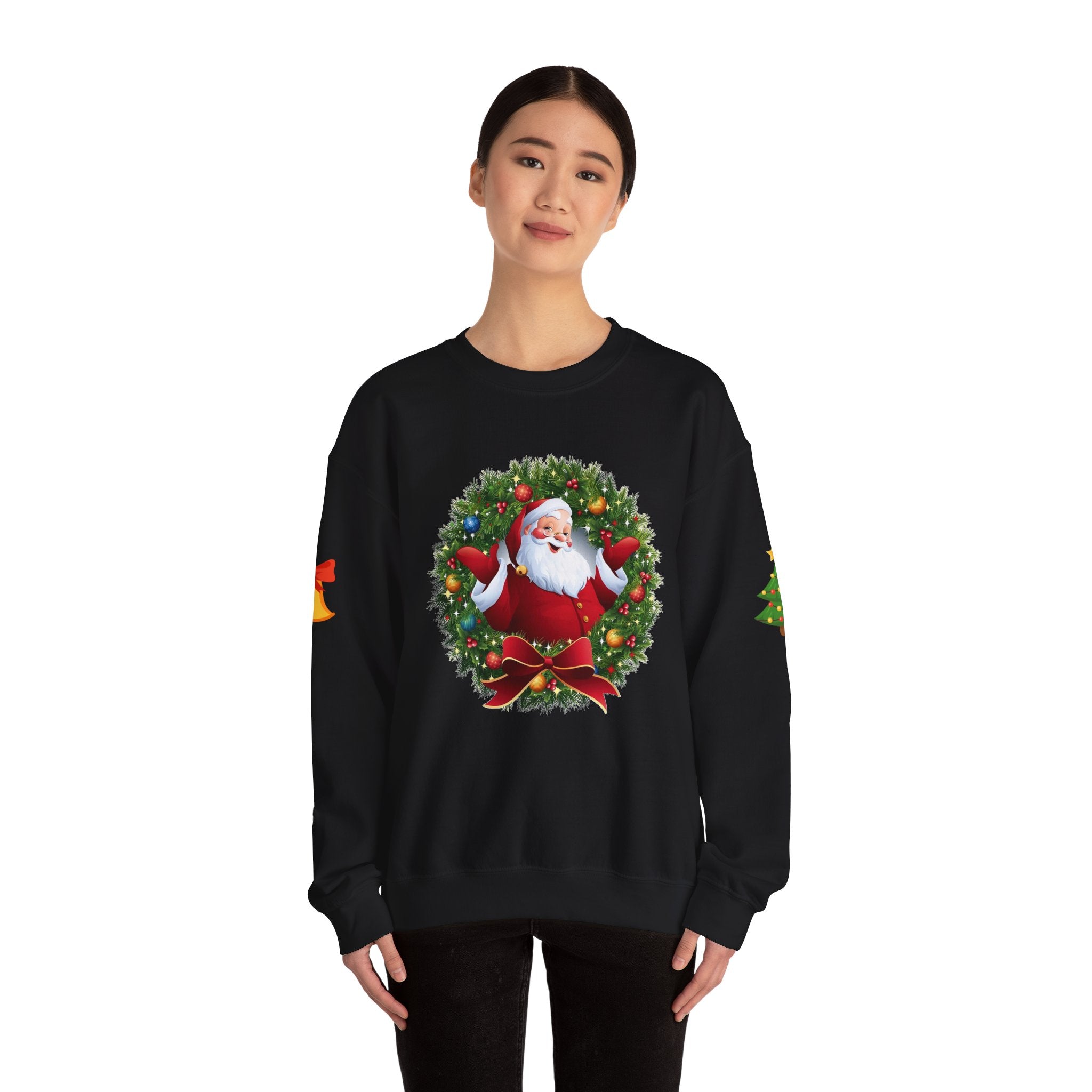 Santa in Wreath Crewneck Sweatshirt Christmas Tree Sleeve Accents