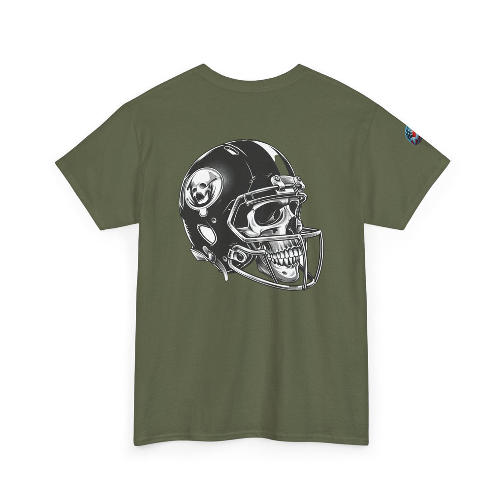 Skull Helmet Football Tee — Grunge Athletic Graphic T‑Shirt