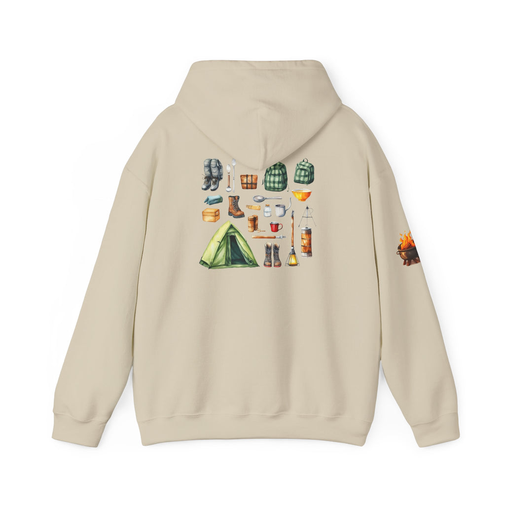 Camping Gear Hoodie  Tent, Boots, Lantern, Campfire Illustration
