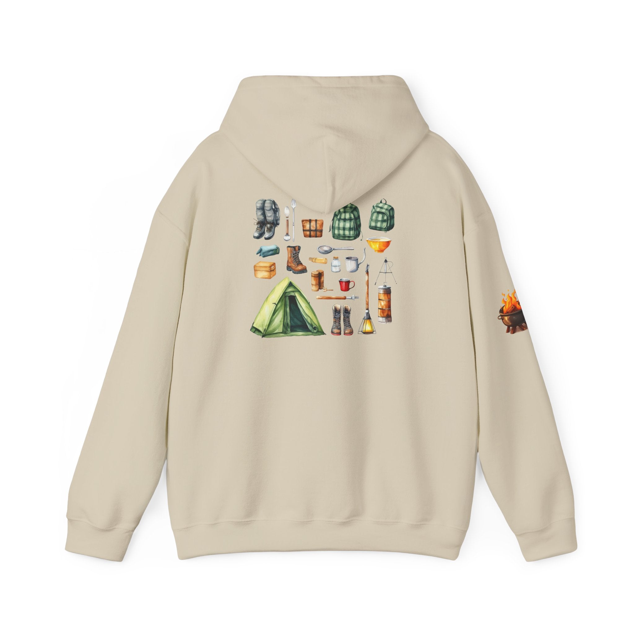 Camping Gear Hoodie  Tent, Boots, Lantern, Campfire Illustration