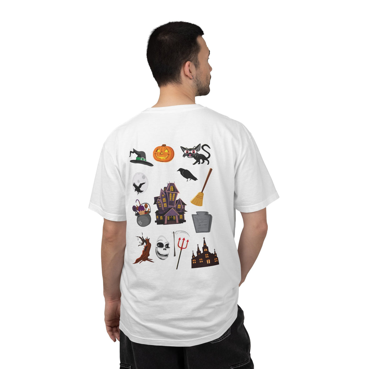 Halloween Icons T-Shirt — "Happy Halloween" Graphic Tee with Spooky Back Illustrations
