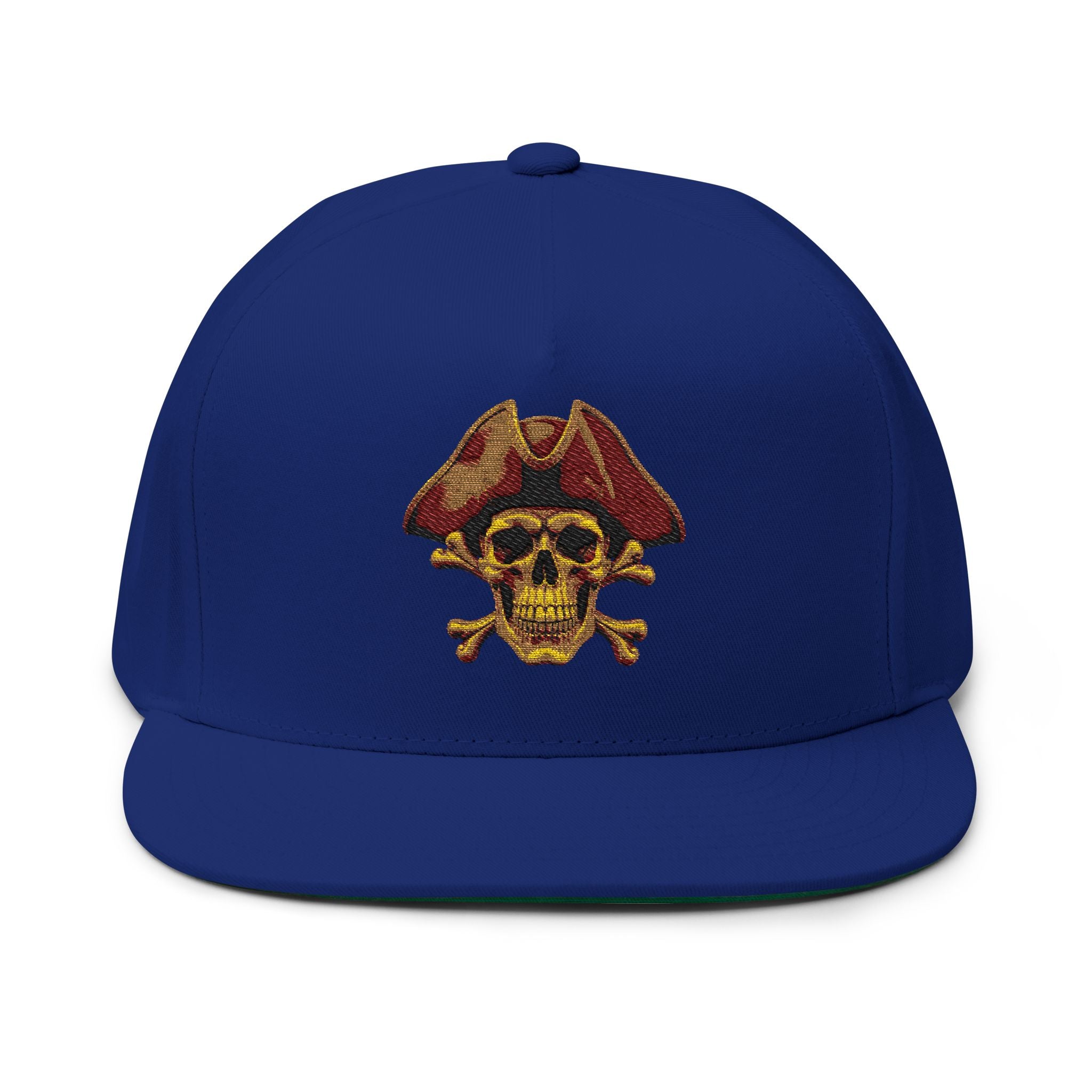 Embroidered Pirate Skull Flat Bill Cap  Gold Skull & Tricorn Hat Snapback