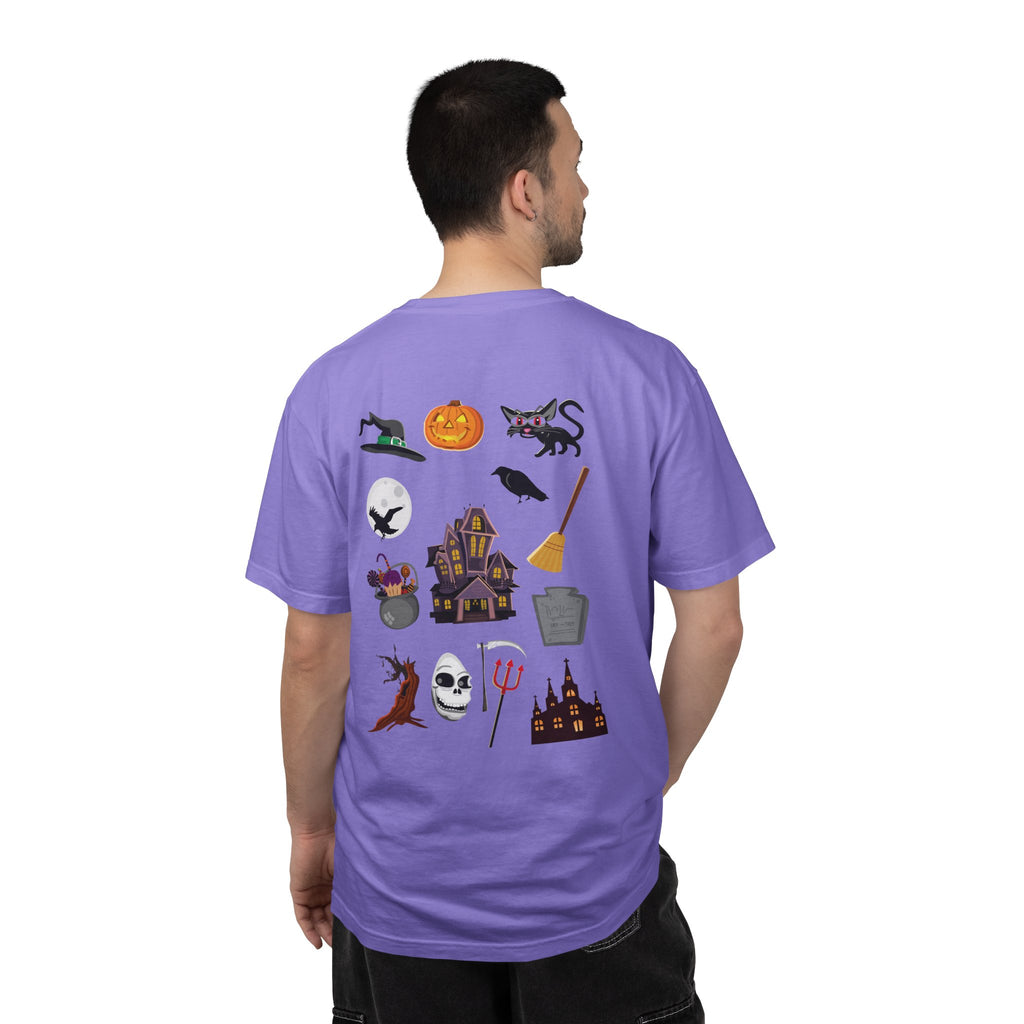 Halloween Icons T-Shirt — "Happy Halloween" Graphic Tee with Spooky Back Illustrations
